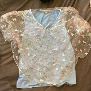 White and Pink Ruffled Embellished Short Sleeve Blouse